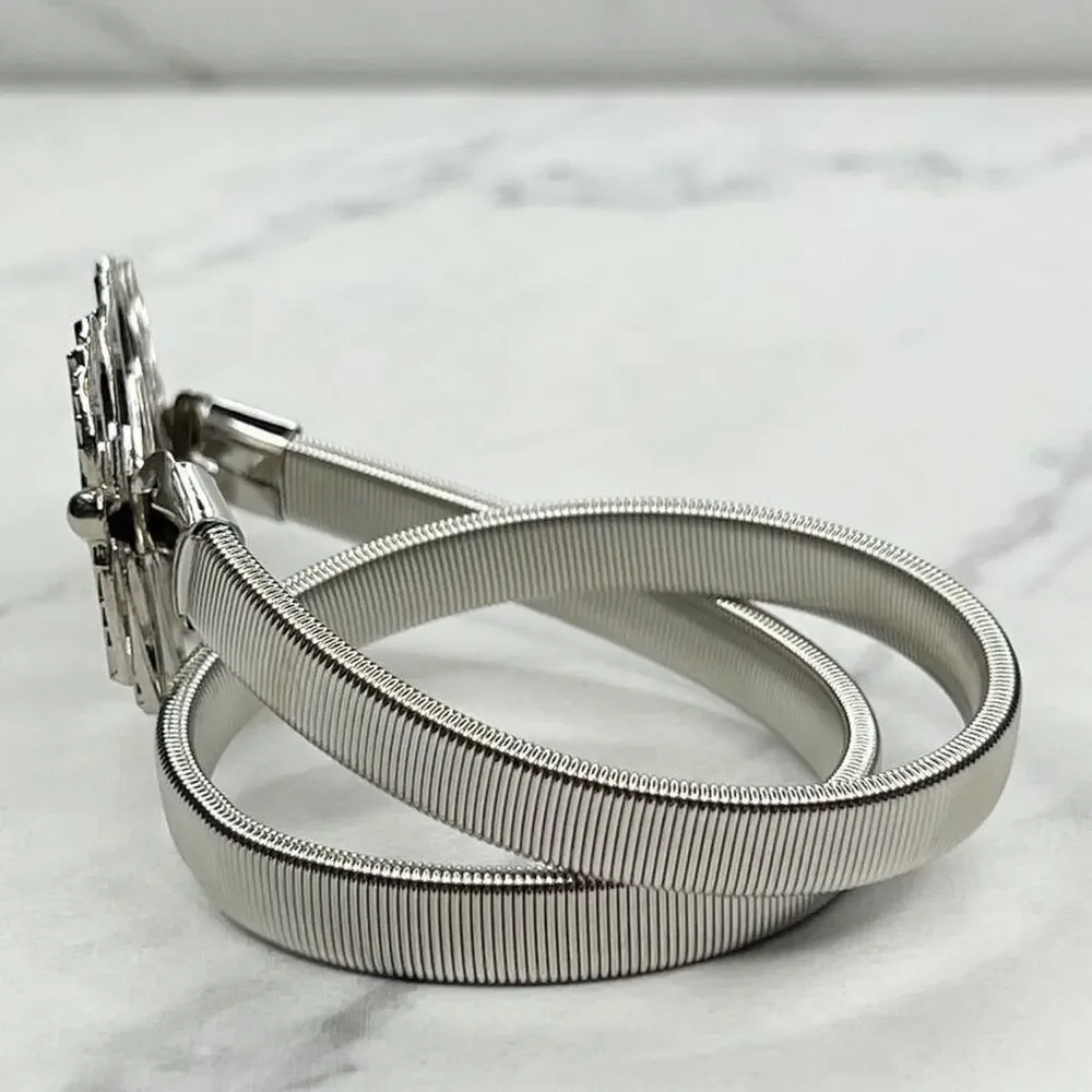 Silver Tone Leaf Leaves Buckle Coil Stretch Belt Youth Kids One Size OS